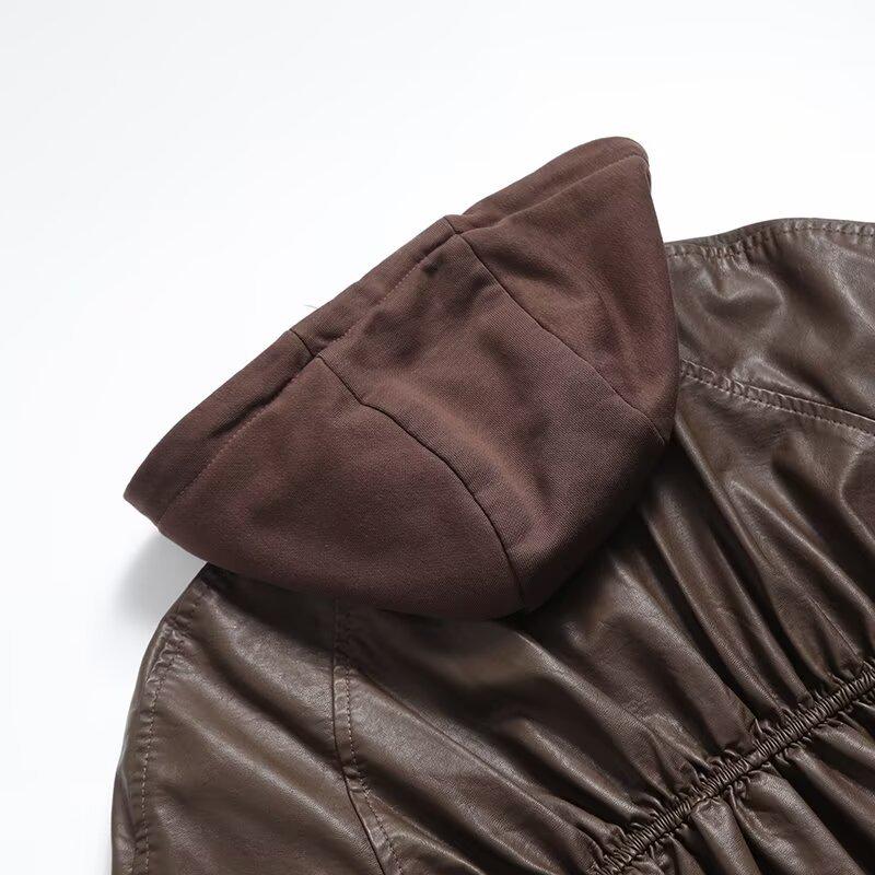 2024 Осень Женское пальто-толстовка с капюшоном в европейском и американском стиле из искусственной кожи