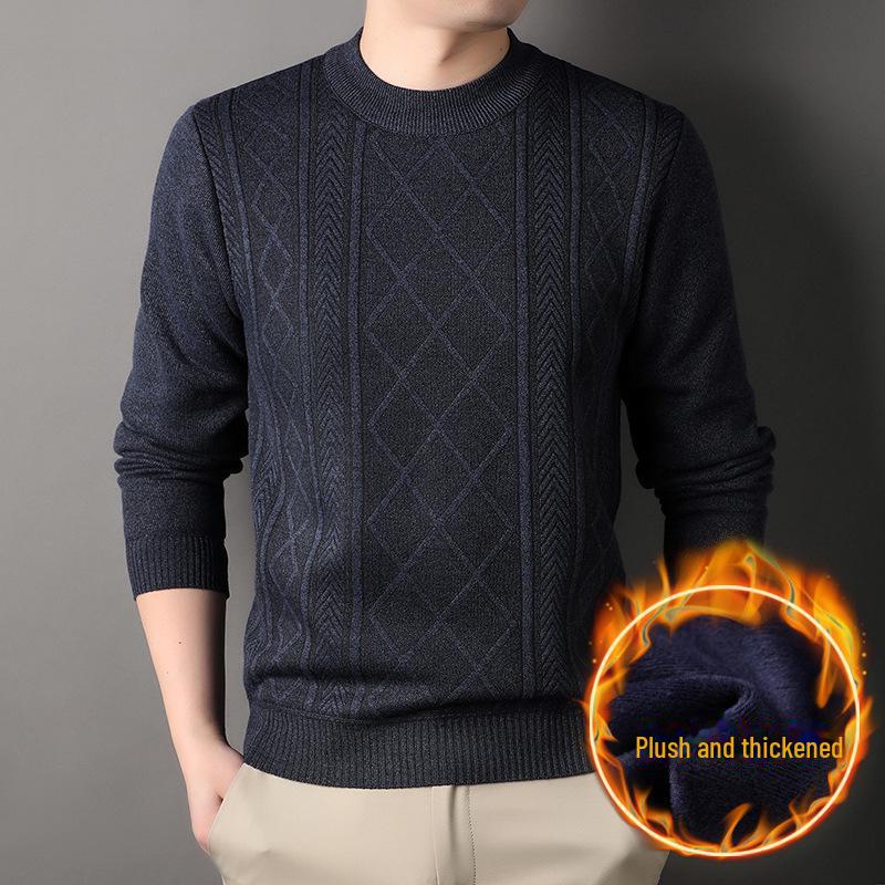 Men's Trendy Loose-Fit Round Neck Pullover Sweater, Autumn/Winter Plus Velvet Thickened Casual Wear