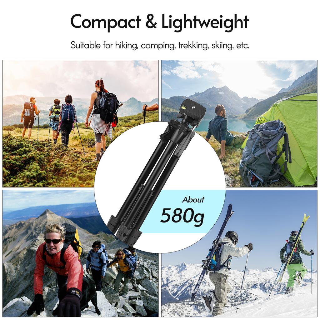 Portable Tripod Stand Aluminum Alloy 135cm 53in Max. Height 3kg Load Capacity with Phone Clamp Remote Shutter for
