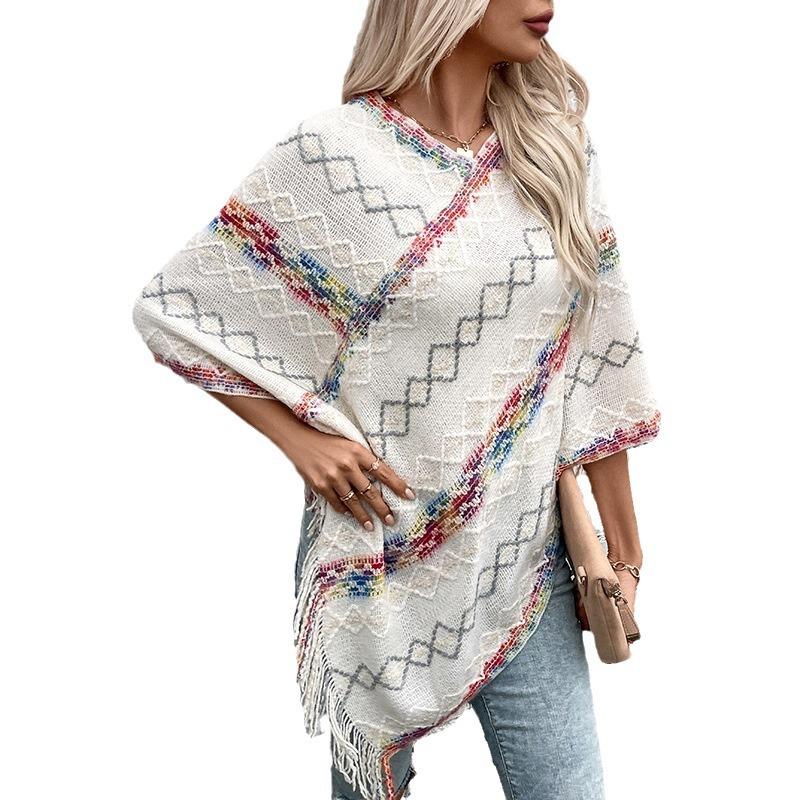 Women's Autumn and Winter Large Size V-neck Casual Cape Colorful Striped Tassel Knitted Shawl Sweater Jacket 7 Colors