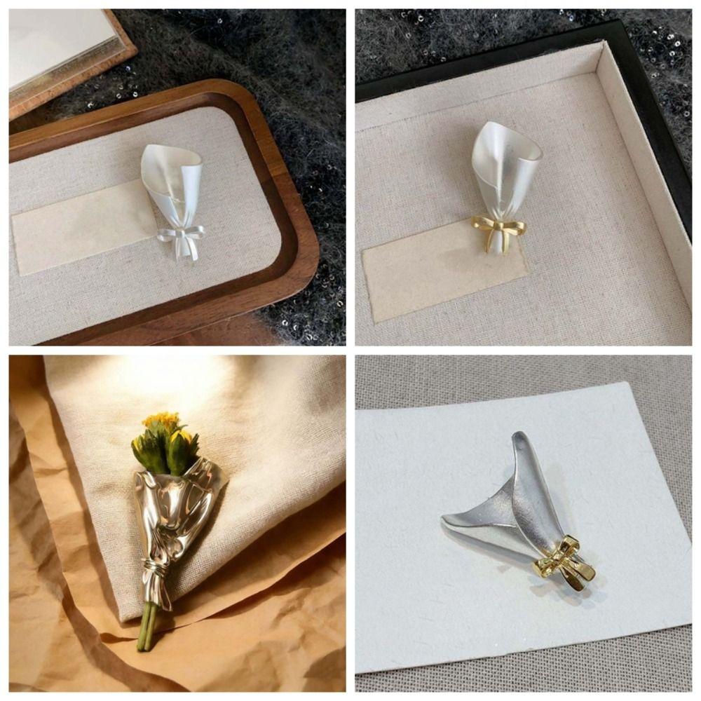 Vintage Flower Insertable Brooch Elegant Silver Glossy Pin Exquisite Metal Corsage Ornament Men