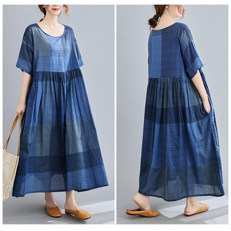 Летняя литература плюс свободное хлопковое льняное клетчатое платье с короткими рукавами женские длинные повседневные платья