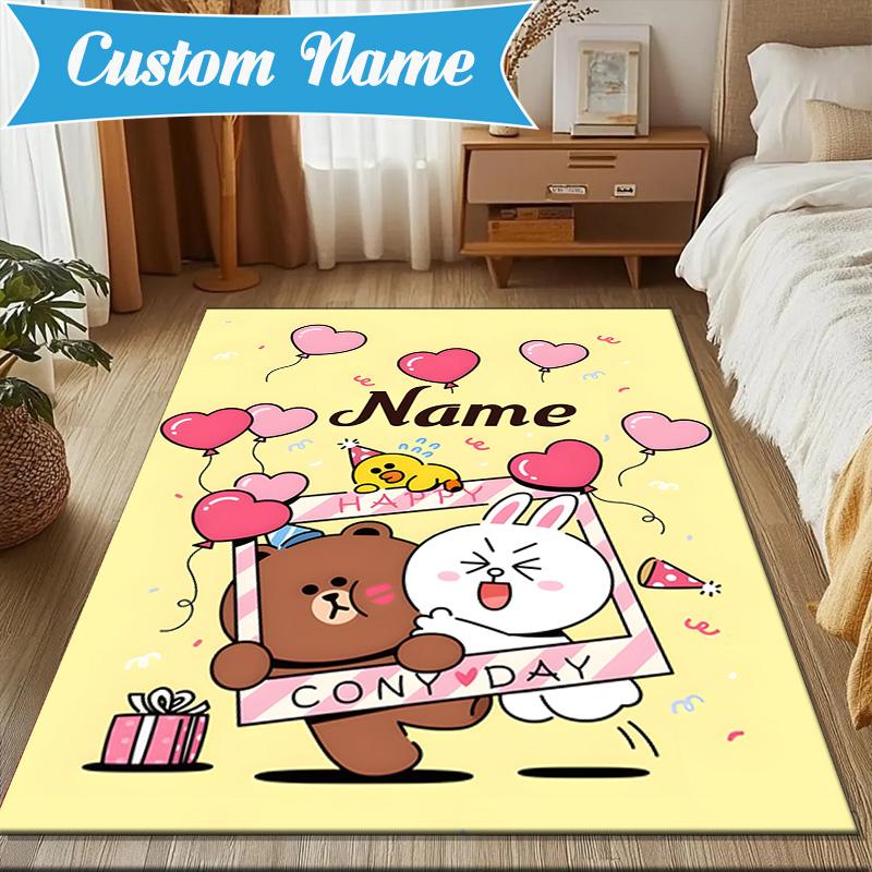 Custom Name Brown Bear Celebration Rug for Living Room, Game Rooms, Office, Bedroom, Floor Mat Playful Design, fan gifts Christmas decor