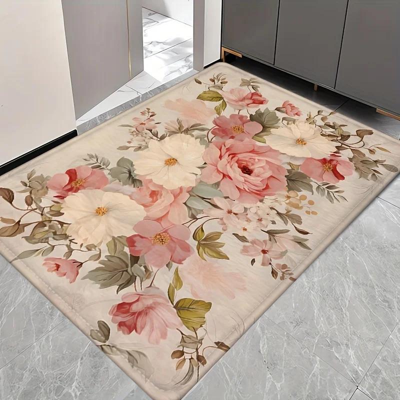 Rose Printed Door Mat Bedroom Bedside Carpet Anti Slip Balcony Bathroom Absorbent Footpad Flannel Decor Rug for Home Living Room