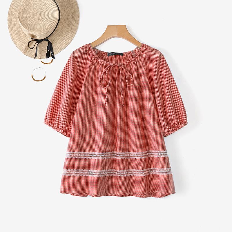 ZANZEA Женская повседневная блузка с круглым вырезом, свободного кроя, с коротким рукавом и принтом в клетку