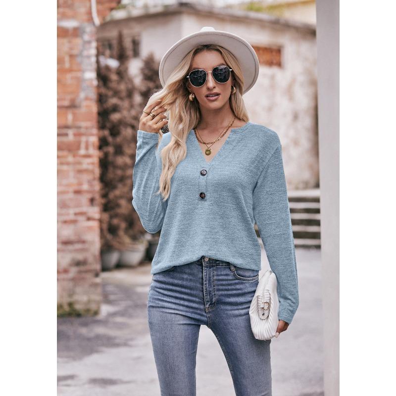 Autumn Women's Casual V-Neck Buttoned Milled Blouse Long Sleeve Top