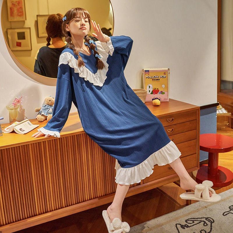 Pajama Dress Women's New Spring and Autumn Princess Style Pure Cotton Long-sleeved Pajama Dress Pajamas Home Wear