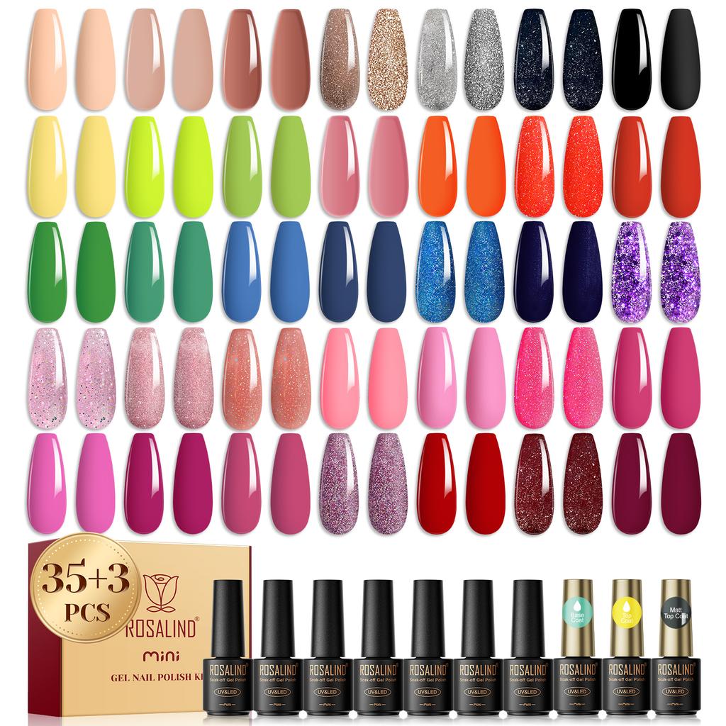 ROSALIND Гель-лак для ногтей, набор Soak Off UV LED, полуперманентный 38 шт., набор гель-лаков для ногтей, лак для дизайна ногтей, гибридный гель-лак