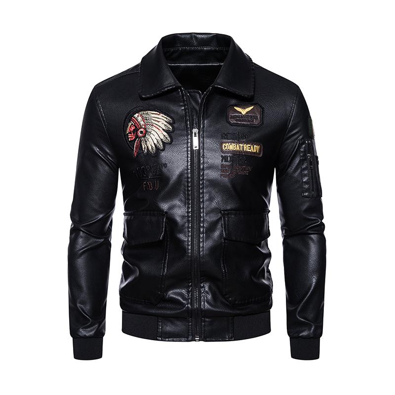Autumn Winter Embroidered Leather Jacket Men Fleece Pu Leather Waterproof Motorcycle Jacket