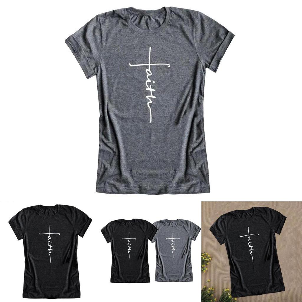Women Short Sleeve Summer Faith Letter Print T-shirt Graphic Tee Blouse Fashion In Soft And Comfortable Material