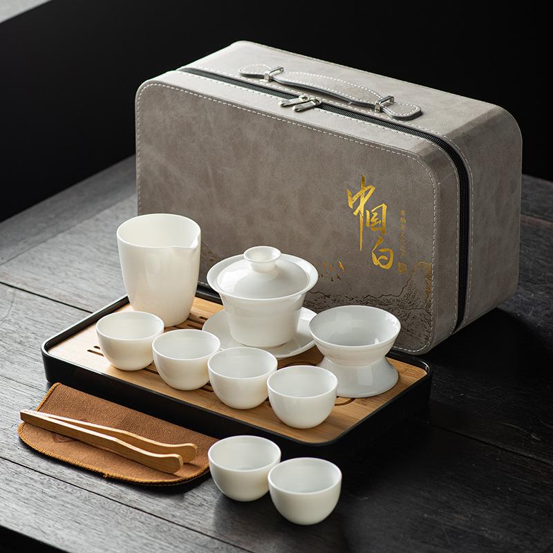 Suet Jade Tea Set, White Porcelain Travel Kung Fu Tea Set, Tea Tray Set, Cover Bowl Teacup