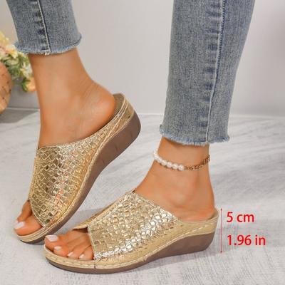 Модные золотые серебряные босоножки на танкетке Женские 2024 Лето Ретро Платформа с перемычкой для пальца Женские Большой размер 43 Толстая подошва Обувь гладиаторы