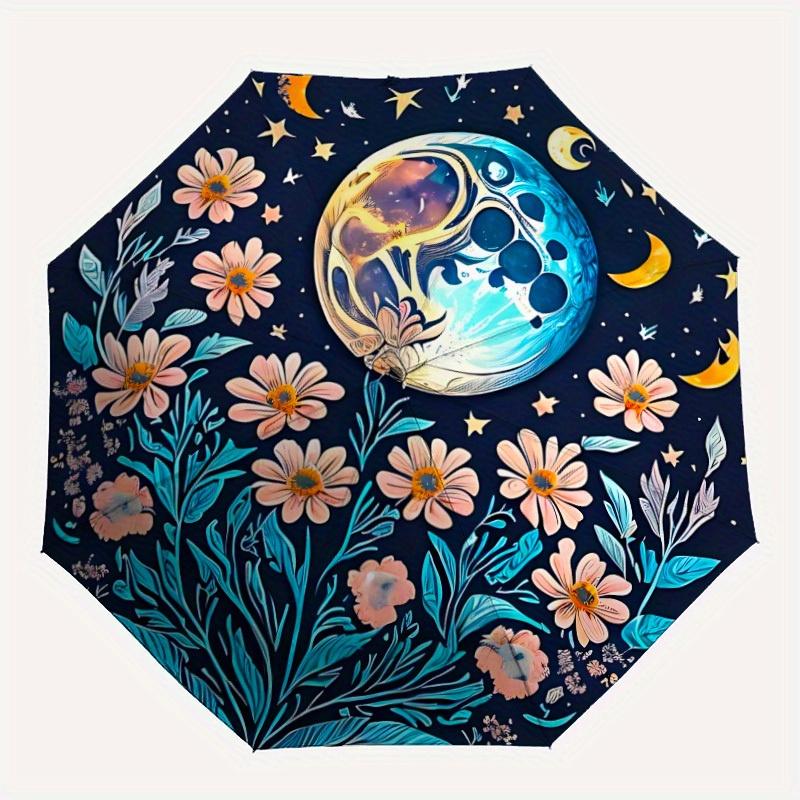 1pc Celestial Floral Print Folding Umbrella , 8 Ribs Casual Durable Lightweight Portable Travelling Umbrella For Men & Women yy250728069