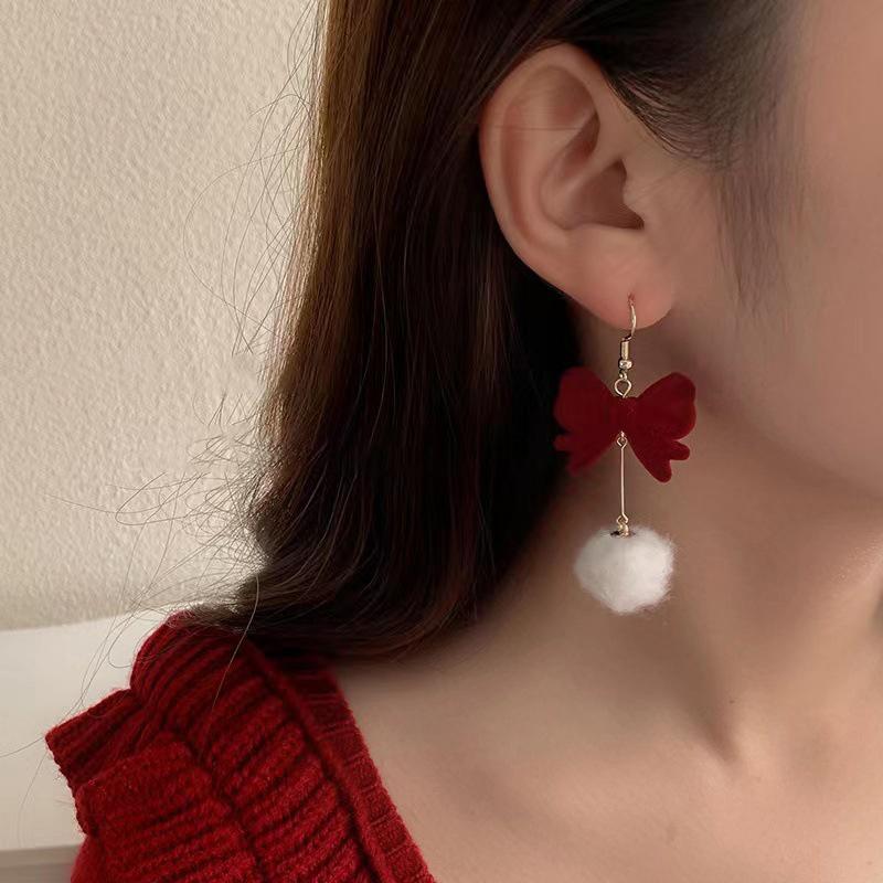 Серьги-бантики из красной флокированной ткани, темпераментные серьги с длинными бахромой в виде сладких цветов