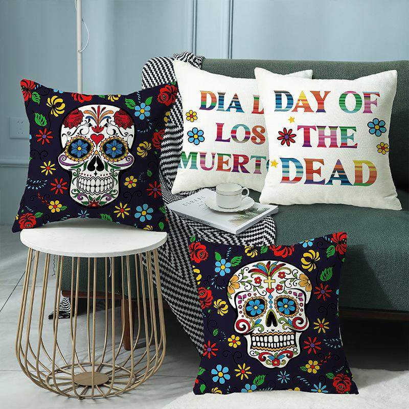 2026 Halloween Skull Letter Linen Throw Pillow Cover, Cushion Case for Sofa, Decorative Couch Pillow Cover 45x45cm