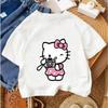 Летняя футболка Hello Kitty Милый мультяшный повседневный топ с круглым вырезом для мальчиков и девочек
