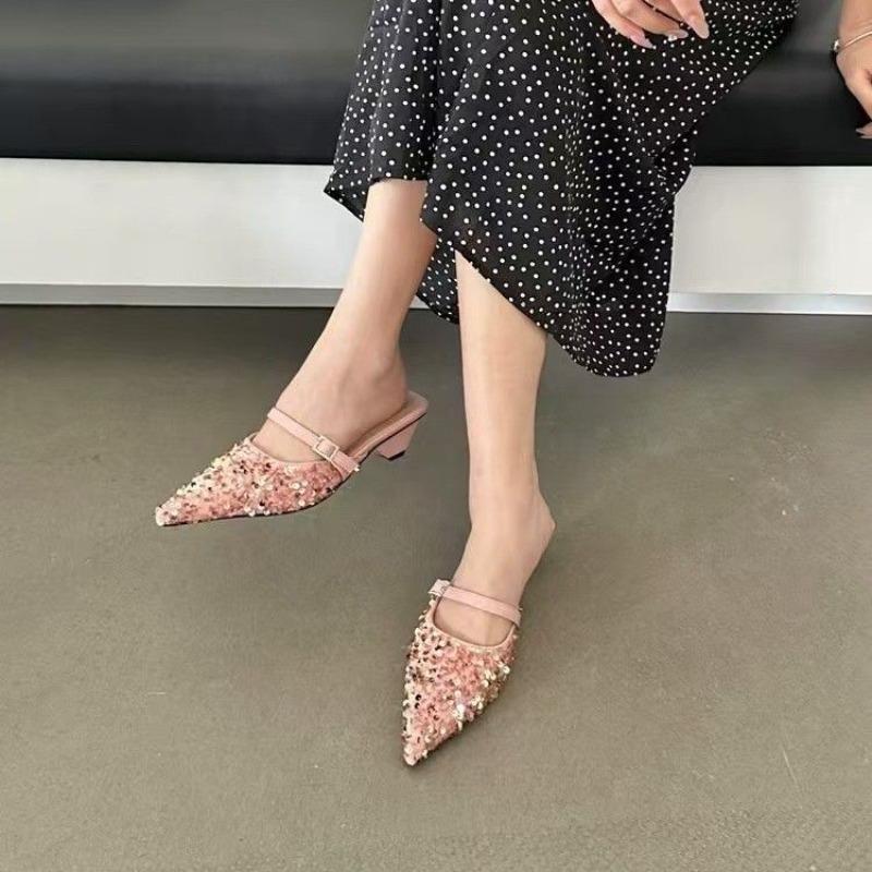 Sequins Black Slides with Heel Shoes Pointed Toe Women's Mules Slippers and Ladies Sandals Unique Korea Style Easy Wears Shoe 39