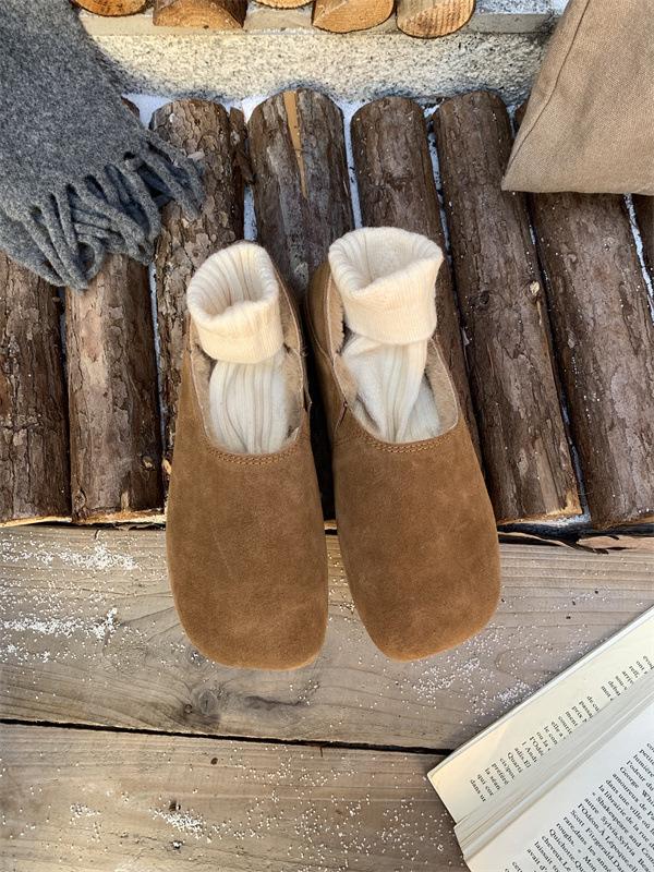 2025 Autumn and Winter New Flat-bottomed French Retro Square Head Single Shoes Women's Shoes Velvet Warm Beanie Shoes