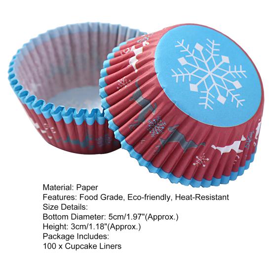 100Pcs Cupcake Liners Food Grade Oil-proof High-Temperature Resistant Non-Fading Exquisite Pattern Decorative Paper Xmas Themed Cupcake Liners