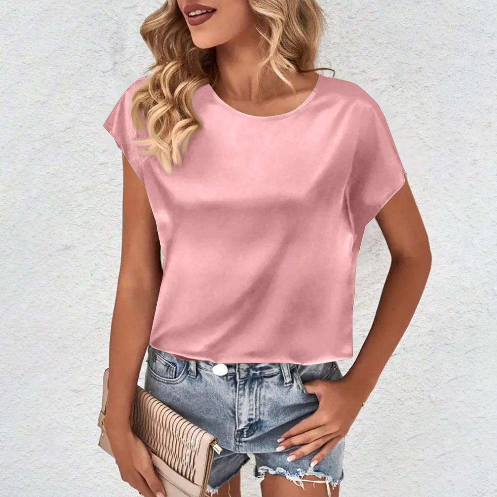 Женские повседневные топы без рукавов, однотонные атласные универсальные рубашки с круглым вырезом, топы