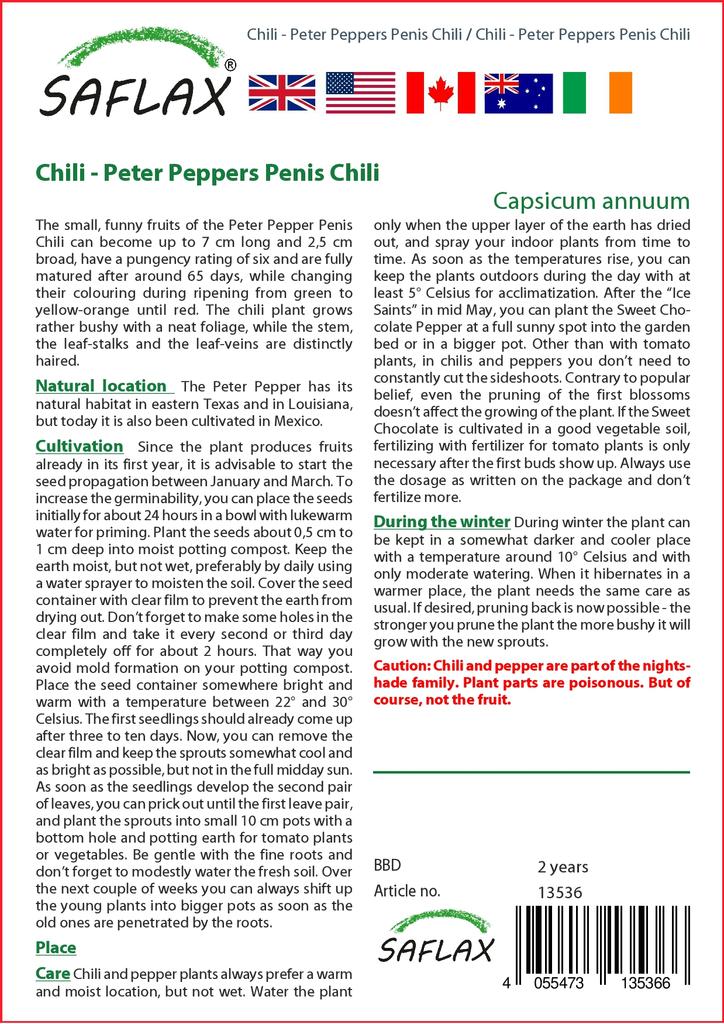 SAFLAX Garden in the Bag - Чили - Peter Peppers Penis Chili - 10 семян - С субстратом в подходящем пакете - Capsicum annuum