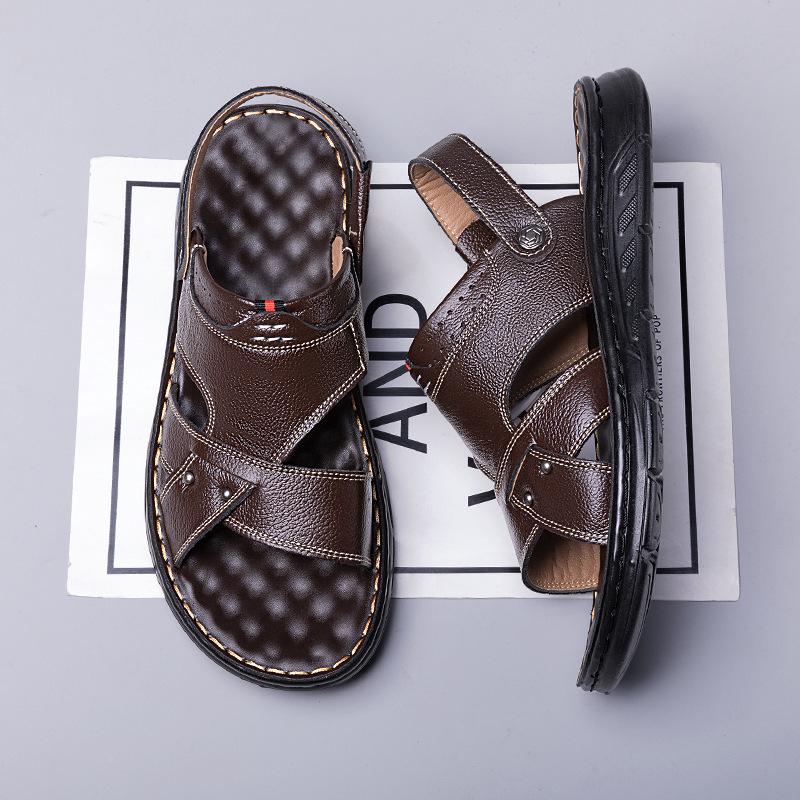 Модные мужские летние новые сандалии мужские кожаные сандалии тапочки для взрослых пляжная обувь на платформе нескользящие сандалии из кожи с открытым носком