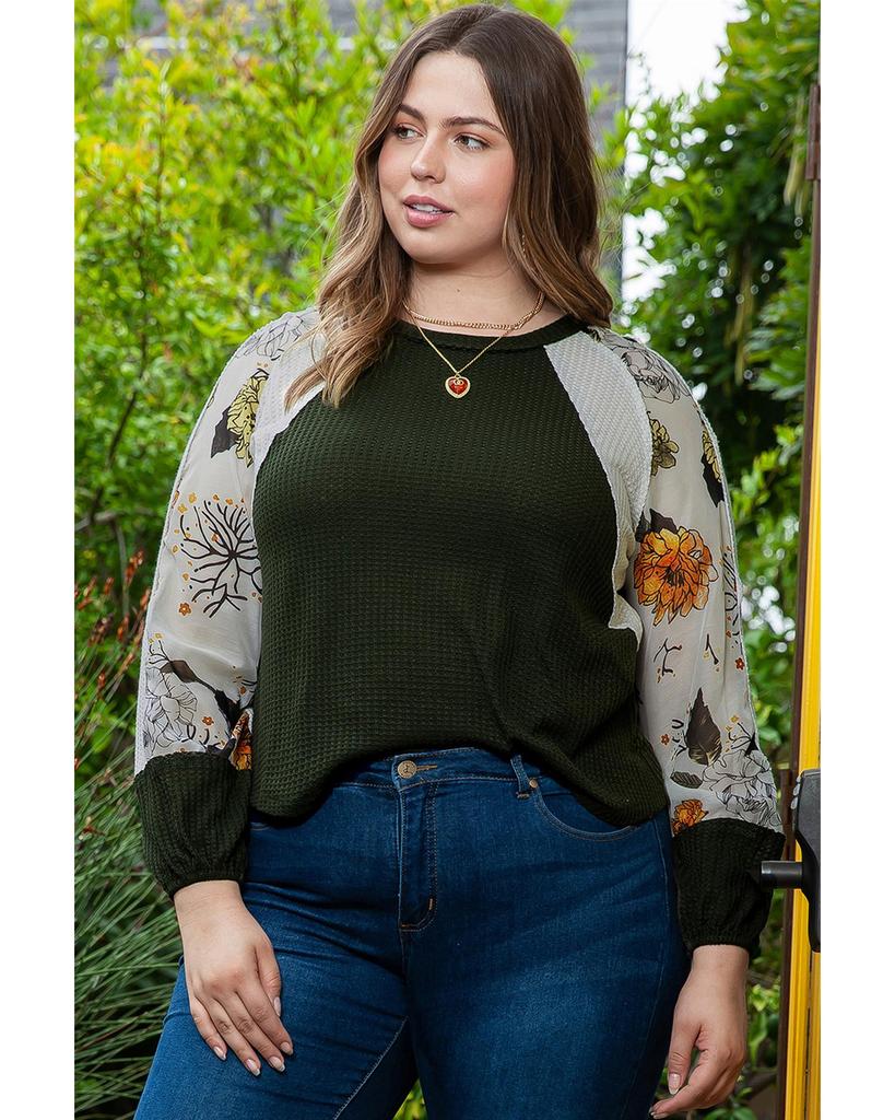 Azura Exchange Green Plus Size Floral Raglan Colorblock Patchwork Knit Blouse