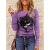3D Cat Printed T-shirts Fashionable Casual Long Sleeved Women's T-shirts - Soft Medium Stretch Polyester Fabric Spring and Autumn Relaxed Fit Clothing