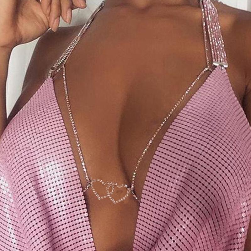 Stonefans Bohemian Fashion Double Heart Chest Chain Jewellery Rhinestone Bodies Women's Bra Sexy Cute Tube Top Underwear Gifts