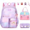 Elementary School Backpacks for Girls, 7 Pieces Large Capacity Children's Teenage Backpack with Lunch Box and Case