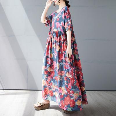 Летнее новое простое богемное длинное платье, расширенное и увеличенное, с короткими рукавами и круглым вырезом, с принтом, женская одежда