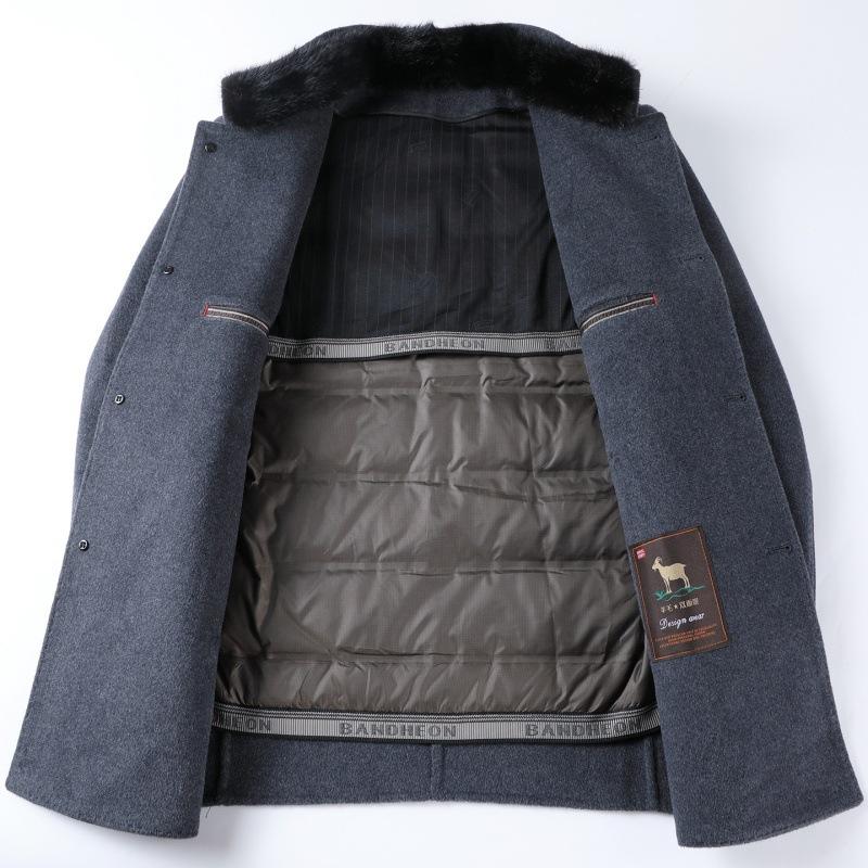 Winter Double-sided Cashmere Coat for Middle-aged Men, Thickened Mink Fur Collar Windbreaker, Mid-length Woolen Down Jacket