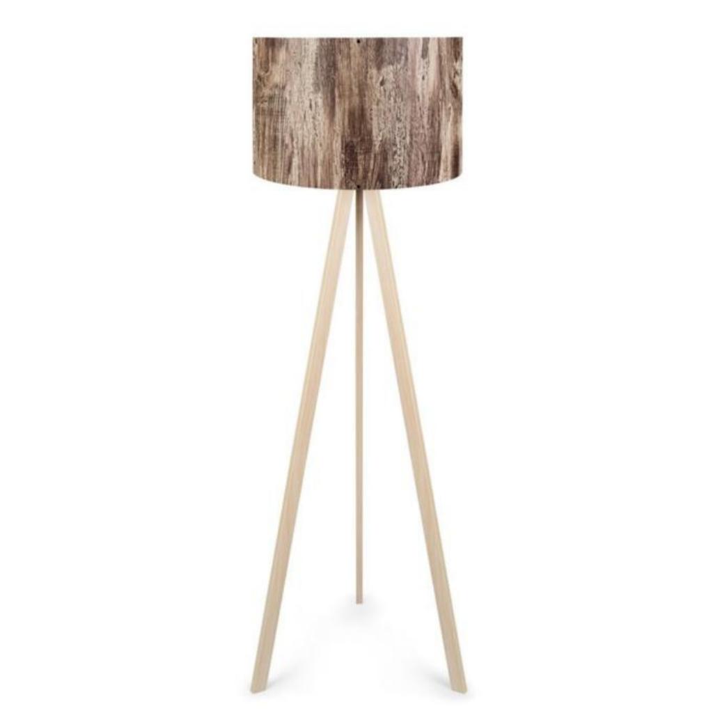 Pratik Ahşap Krem Tripod Ayaklı Pvc Ağaç Desenli Silindir Başlıklı Lambader 