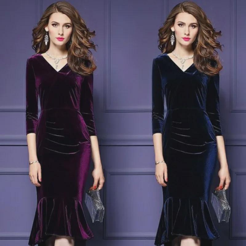 2022 Autumn/Winter Women's Gold Velvet V-Neck Slim Fishtail Dress