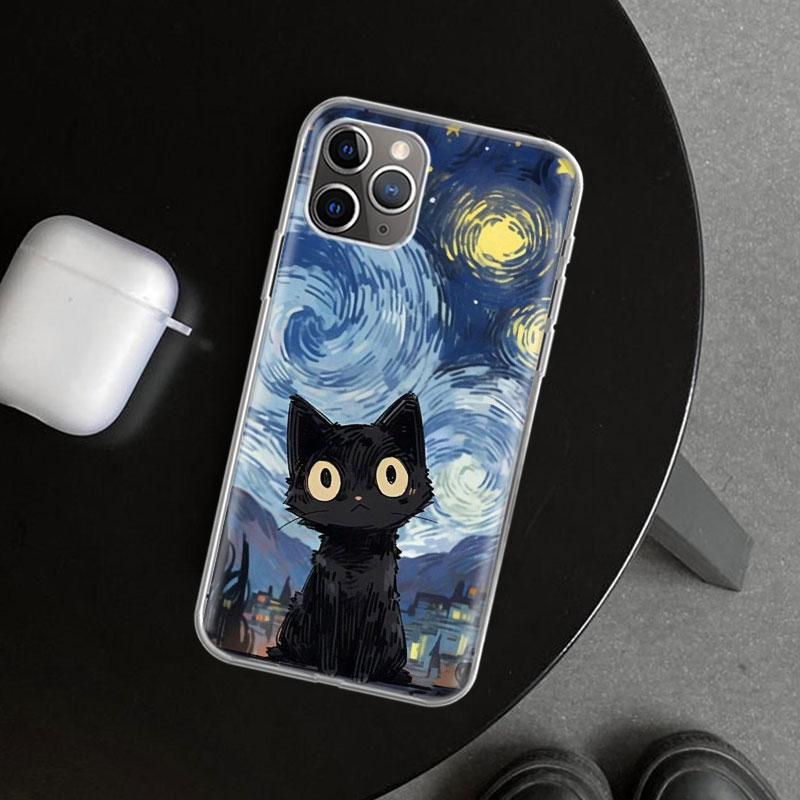Аниме Милый Черный Кот Мяу Чехол для Телефона для iPhone 11 12 13 Mini 14 15 Plus 16 Pro Max 17 Air 7 8 + SE Арт Индивидуальный Fundas