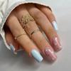 Detachable DIY Wavy Green Press On Nails Fake Nials False Nails Long Square French Blue Love Heart