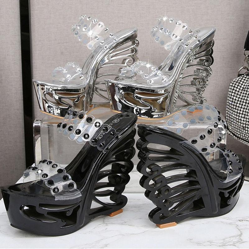 Женская обувь, двухрядные шлепанцы на высоком каблуке с перфорацией, асимметричный каблук, танкетка, серия 1076, каблук 15 см, платформа 5 см, LFD