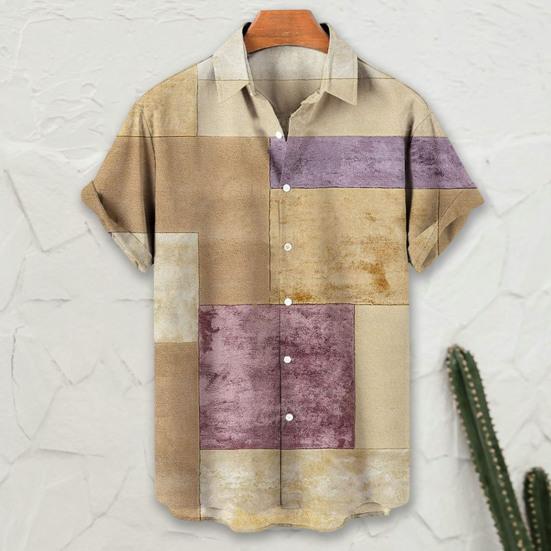 Short Sleeves Lapel Men Shirt Geometric Print Buttons Closure Sweat Absorbent Breathable Casual Striped Hawaiian Print Shirt Streetwear