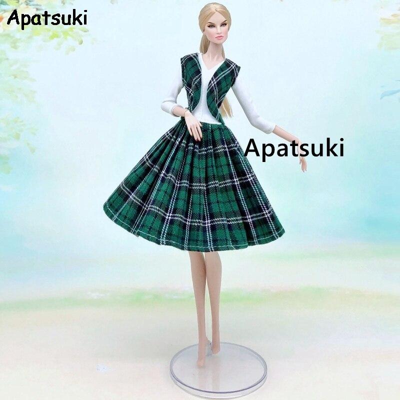 Зеленый клетчатый модный наряд для кукол для куклы Барби, комплект одежды, жилет, пальто и платье 1/6, аксессуары для кукол, игрушки для детей