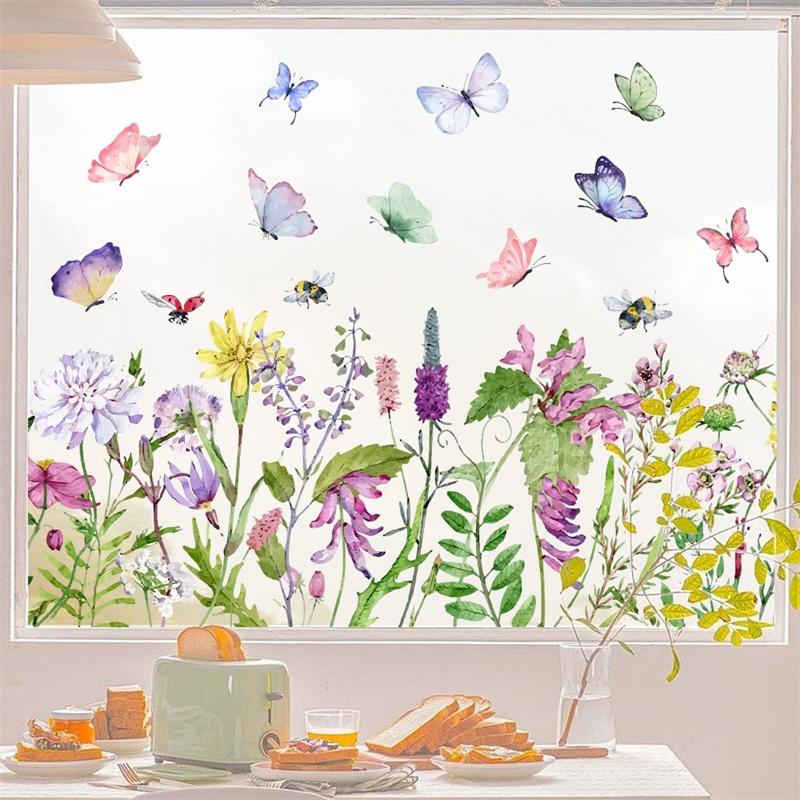 Flowers Butterfly Window Sticker Double Sided Printed Electrostatic Beautiful Spring Coming Style Bedroom Glass Decal Home Decor
