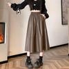 Women's Black PU Leather Midi Skirt - Spring/Autumn High Waist Pleated A-line with Hip-covering Slimming Design