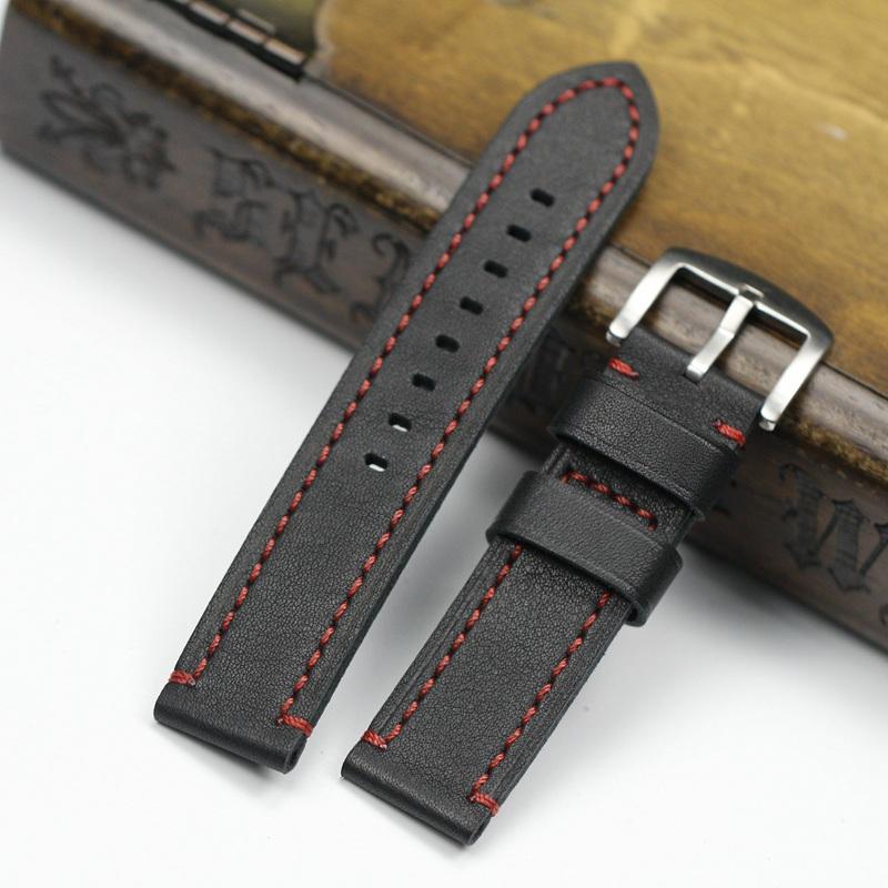 18, 19, 20, 21, 22 мм, мягкий черный с белыми, красными швами, ремешок из натуральной кожи для Samsung S2 S3, военный большой ремешок для часов Pilot