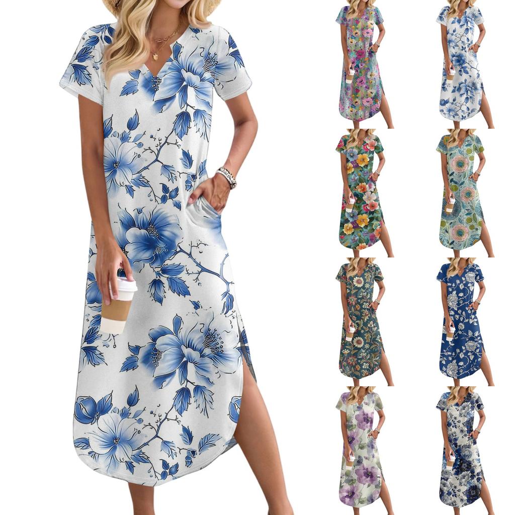 Women's Casual Comfortable V Neck Loose Hem Split Vacation Short Sleeve Floral Long Dresses