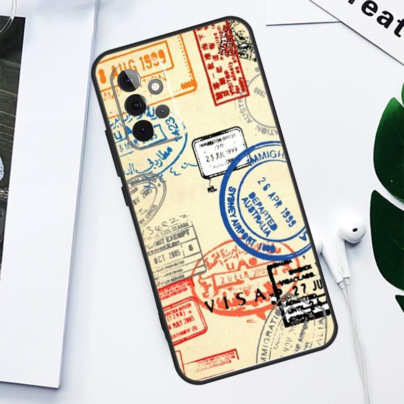 Retro Post Card Passport Stamps For Samsung Galaxy A06 A05 A16 A54 A34 A14 A55 A35 A15 A53 A33 A13 A22 A32 A52 Phone Case