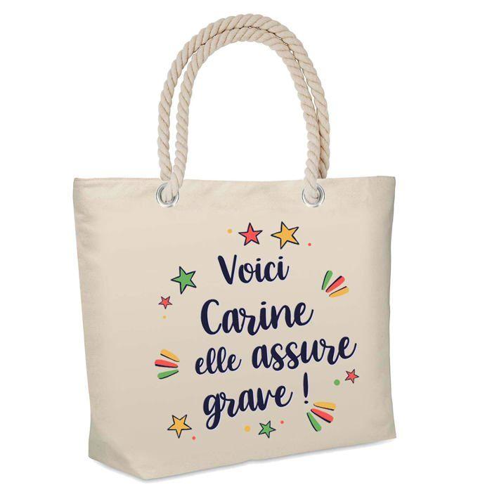 Sac cabas - PLANETEE - Carine elle assure grave ! - Jute - Motif isotherme de plage - Beige
