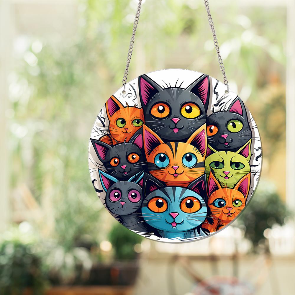 Cat Round Wooden Suncatcher Window Hanging Four Seasons Pendant Christmas Gift Valentine's Day Home Decor