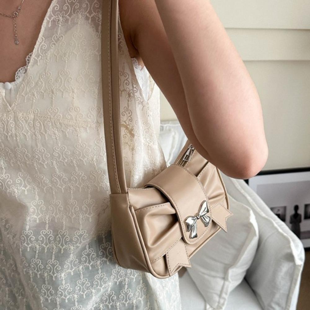 PU Leather Square Pleated Handbag Soft Bow Armpit Bag Elegant Bowknot Crossbody Bag Work