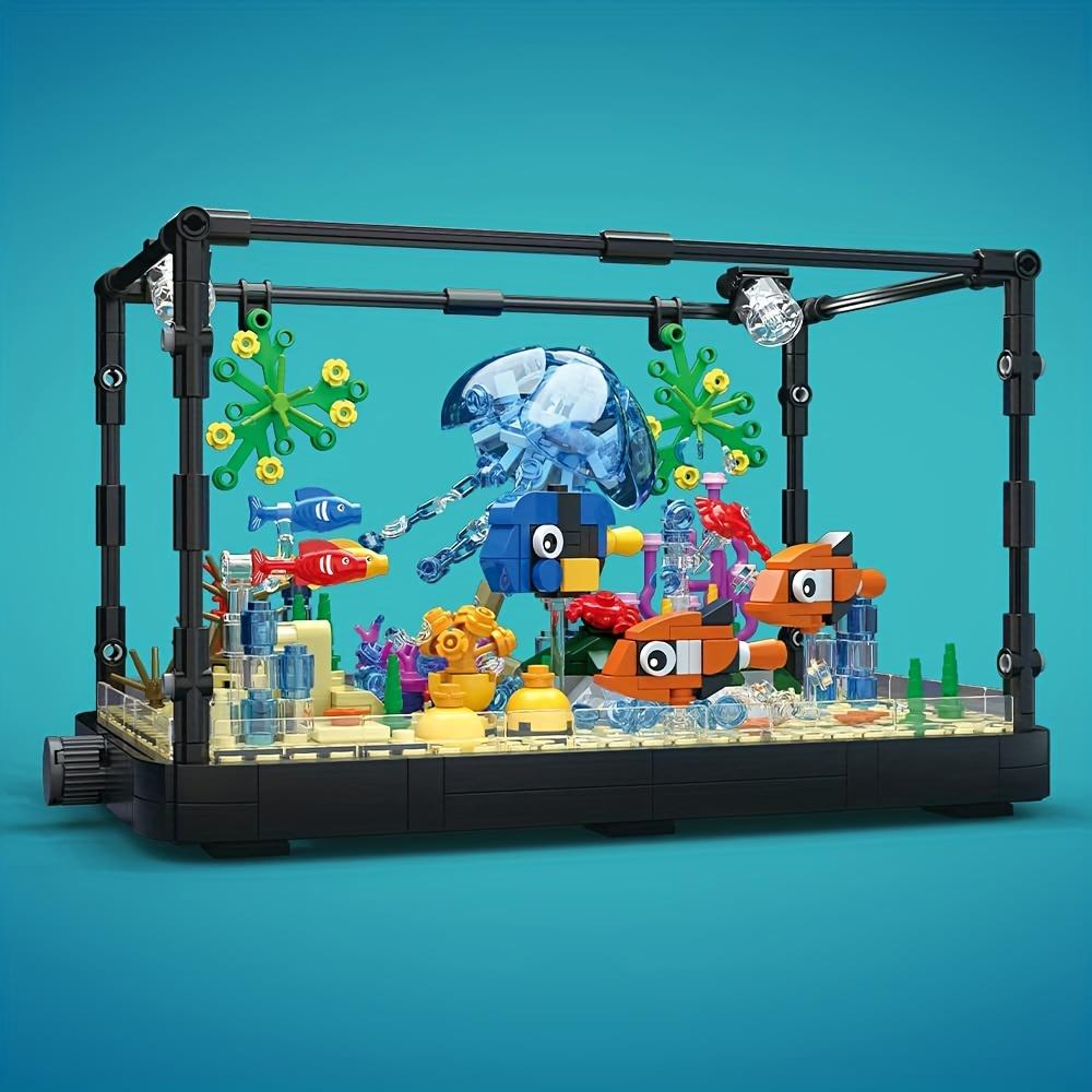 Fish Tank Building Block Set with Lights, Aquarium, Sea Jellyfish, Home Decoration Christmas Halloween Gifts Building Block Toys