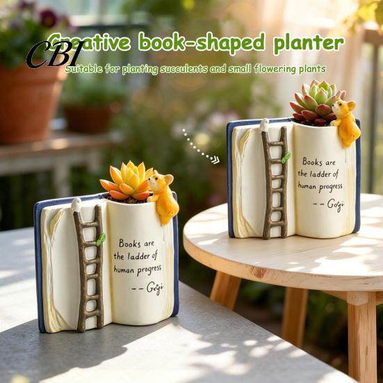 Decorative Vase for Desk Book Shaped Flower Pot, Creative Planter with Ladder Puppy And Bird Design Cute Animal Relief Pot Succulents & Small Plants,