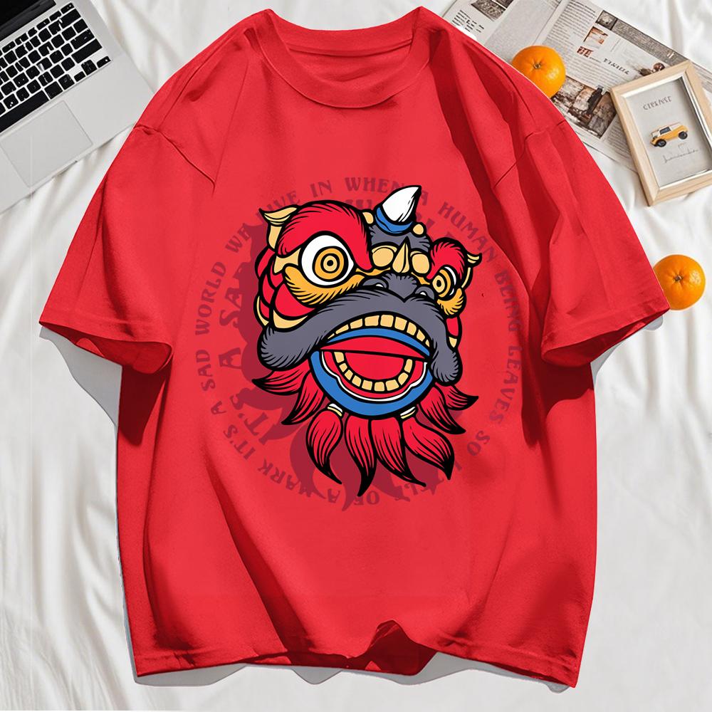 Энергичные принты головы танцующего льва Мужская футболка Хип-хоп с круглым вырезом и коротким рукавом Хлопковая повседневная футболка Оверсайз Летний топ